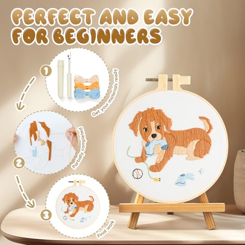 4 Pack Beginner Embroidery Kits for Adults DIY Starter Kit with,cross stitch kits for beginners,Stamped Patterns,Embroidery Hoop,Colorful Threads,Tools,Step by Step Instructions & Video Tutorial