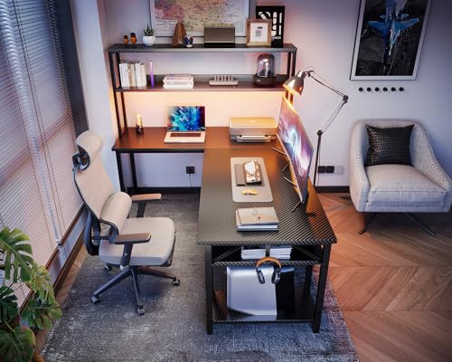 ODK 53" L Shaped Gaming Desk with Hutch & Headphone Hook, Corner Computer Table with Storage Shelves for Home Office, Black ODK