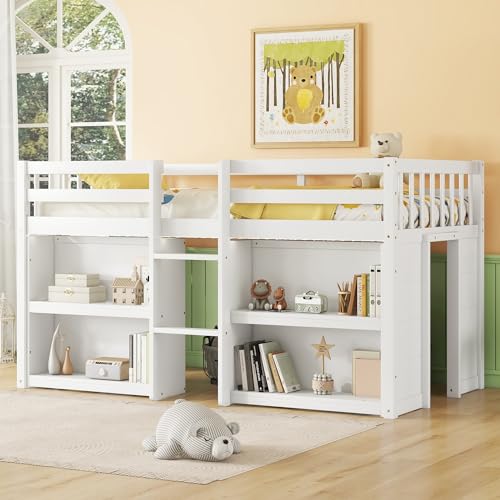 Softsea Twin Low Loft Bed with 2-Tier Shelves & LED Light in White SOFTSEA