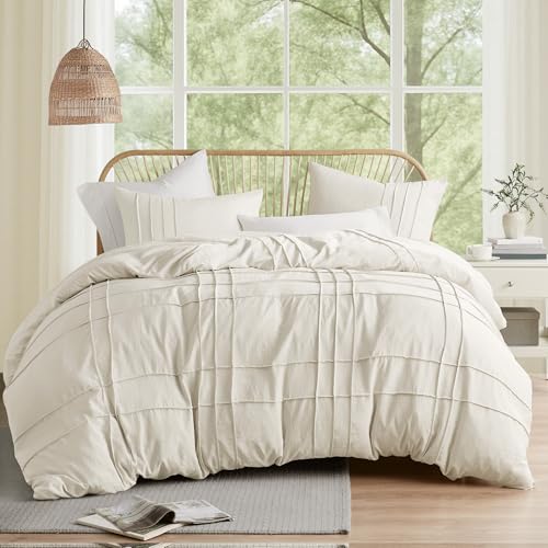 Comfort Spaces Cream Queen Size Duvet Cover Set - 3 Pieces Pintuck Pleated Duvet Cover Queen, All Season Lightweight, Extra Softness Pre-Washed Microfiber Queen Bedding Cover Shams, Full/Queen Comfort Spaces