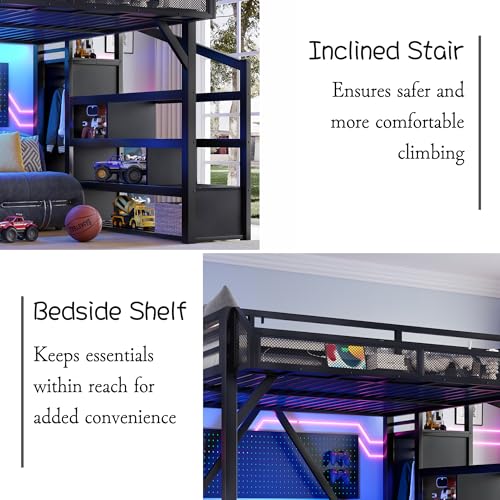 Bellemave Queen Loft Bed with Storage Stairs, Shelves and Built-in Wardrobe, Metal Loft Bed Frame with USB Ports and LED Lights, Noise-Reduced Design, Black Woodgrain Bellemave