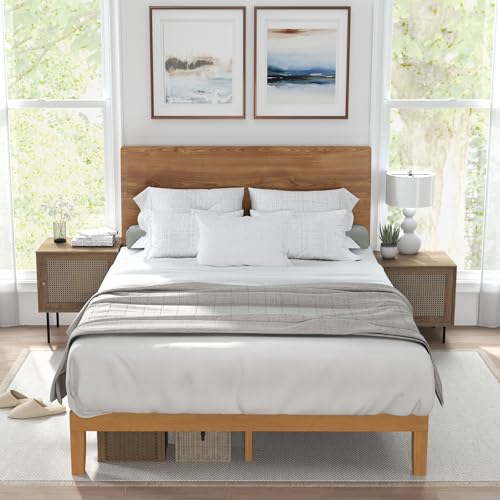 Sweetcrispy Solid Wood Bed Frame, Queen Size Bed Base with Wood Slat Support, Sturdy, Stylish & Noise-Free Design, No Box Spring Needed, Easy Assembly, 12 in Natural Pine Sweetcrispy