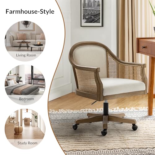 TINA'S HOME Rattan Desk Chair, Upholstered Home Office Chair with Armrest, Adjustable Swivel Rolling Height Computer Task Chair for Living Room Bedroom Study Room, Ivory TINA'S HOME