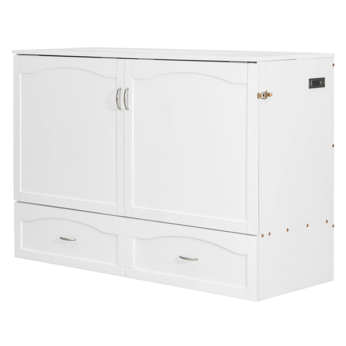 P PURLOVE Queen Murphy Bed, Modern Cabinet Bed with Drawer, A Set of Sockets and USB Ports, Wood Murphy Bed Frame for Adult, Teenager, Pulley Structure Desig (White) P PURLOVE