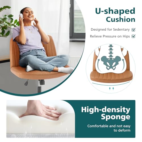 OLIXIS Criss Cross Chair with Wheels Wide Cross Legged Office Desk Vanity Chair Comfy Fabric Armless Adjustable Swivel for Home Computer Task PU Brown OLIXIS