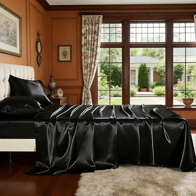 COZYXWORLD 4 Piece Satin Silky Sheet Set Queen Size, Deep Pocket Moisture Wicking Smooth Cooling Fabric Ice Silk Feel Hair Protection, Black
