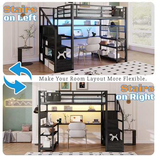 MoproBeti Full Size Loft Bed with Stairs and Desk,Metal Gaming LoftBed with LED Lights,Charging Station, High Loft Beds Frame Full with Storage Shelves,Wardrobe for Teens, Adults, Black MoproBeti