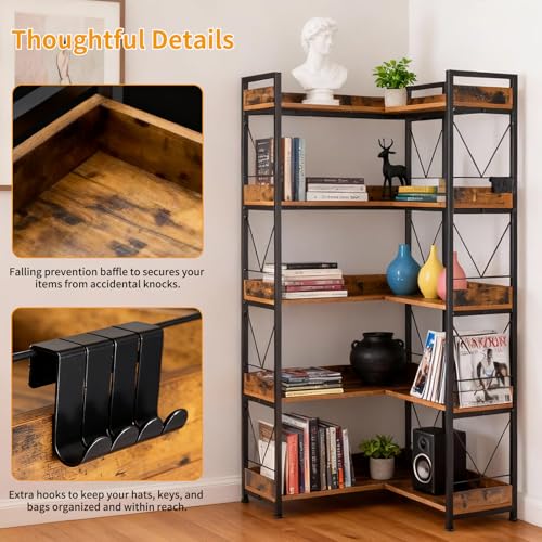 DUMOS 65 inch L Shaped Bookshelf, 5 Tier Corner Bookcase with Hooks and Edge, Industrial Pantry Shelves with Metal Frame, Wooden Open Storage for Living Room, Home Office, Bedroom, Rustic Brown DUMOS