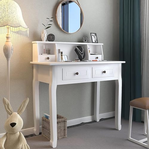 DMAITH Small White Writing Desk with Hutch – 32" Home Office Desk with Drawers | Compact Computer Desk, Vanity Makeup Table for Bedroom or Study Room DMAITH