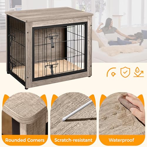 Yaheetech 27.5'' Dog Crate Furniture with Cushion Wooden Dog Crate with Double Doors/Adjustable Feet Side End Table for Small/Medium Dogs, Greige Yaheetech