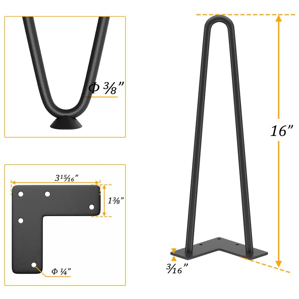 Genius Iron Hairpin Table Legs 16 inch, 3/8" Solid Metal Steel Firm Welding Home DIY for Coffee Table, Bench, Chair with Rubber Floor Protectors, Black, 4 PCS Genius Iron