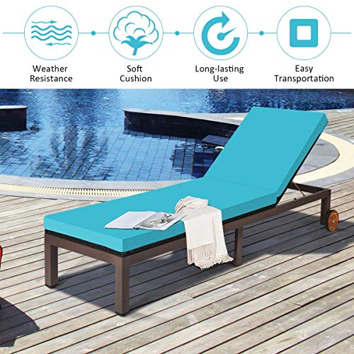 Tangkula Patio Chaise Lounge Chair, Outdoor Rattan Lounger Recliner Chair with Wheels, Wicker Chaise Chair W/Cushioned Seating, Recliner 5-Position Adjustable for Garden Patio Poolside (1, Turquoise)