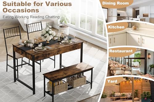 IDEALHOUSE Dining Table Set for 4, Small Kitchen Table and 2 Chairs for 4 with Bench, Breakfast Nook Rectangular Farmhouse Table Set, Space Saving Kitchen Table Set with Storage Drawers, Retro Brown IDEALHOUSE