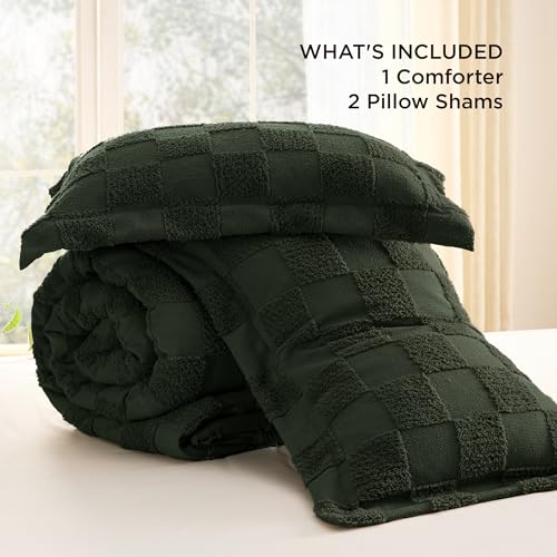 Bedsure Full Size Comforter Set Dark Olive Green, Boho Tufted Bed Set, Checkered Farmhouse Shabby Chic Bedding, 3 Pieces, 1 Plaid Geometric Comforter and 2 Pillow Shams Bedsure