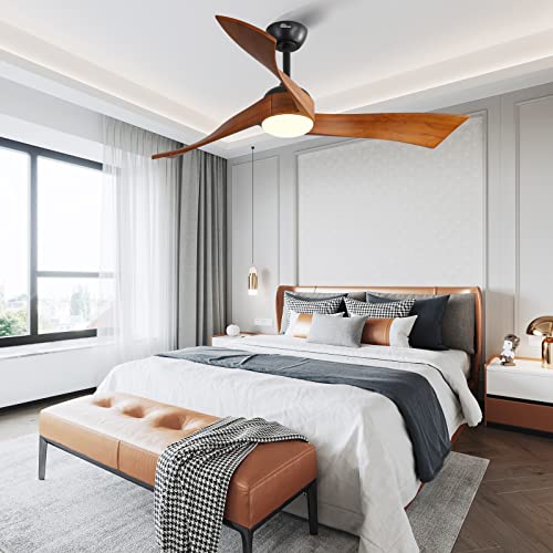 Sofucor 52 Inch Wood Remote Control Dimmable Light Reversible DC Motor Modern Ceiling Fan for Kitchen Bedroom Basement Dining Living Room Dark Wood Sofucor