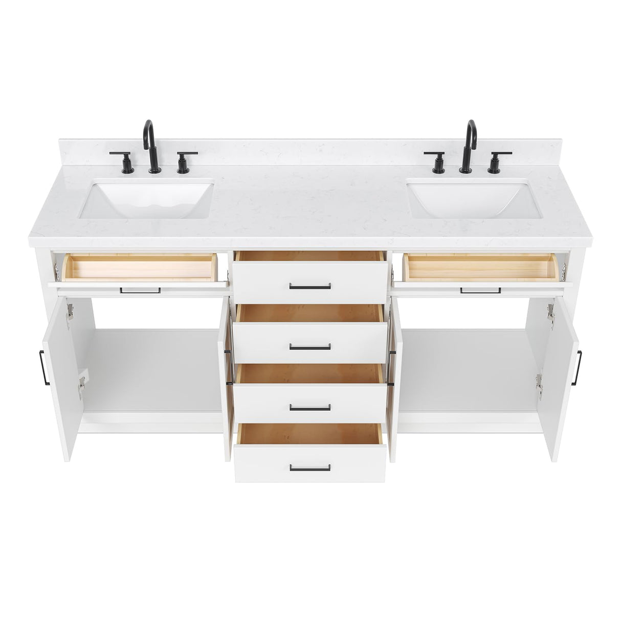 ARIEL Hepburn 72" White Double Vanity, 1.5" Edge Carrara Quartz Countertop & Splash, Rectangular Sinks, 4 Soft Closing Doors, 6 Full Extension Dovetail Drawers, Toe Kick, Matte Black ARIEL