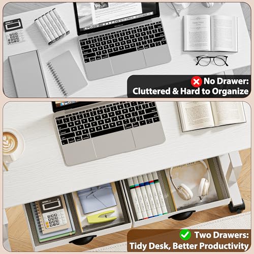 Height Adjustable Standing Desk with 2 Drawers, Small Sit Stand Up Desk with Wheels, Portable Rolling Desk for Walking Pad Treadmill, Computer Office, Adjustable 31.5"-43.3", White, Upgraded Stable Jsskeeim