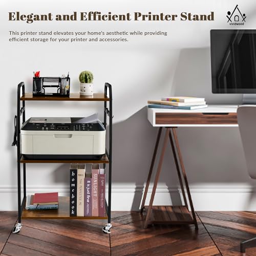 Vividwood Printer Stand - Large 3 Tier Printer Table with Adjustable Storage Shelf - Rolling Printer Cart with Wheels -Stable Desk for Printer Home Office Use (Rustic Brown) Vividwood