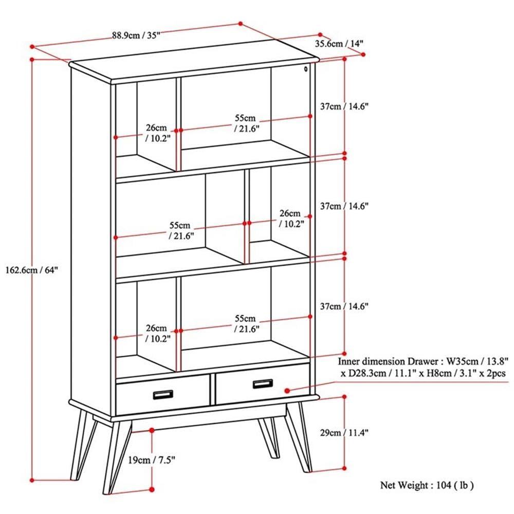 Allora 64" Mid Century Modern Solid Wood Wide Bookcase with 2 Drawers and 3 Shelves, for The Living Room, Study Room, Home Office, in Teak Brown Allora