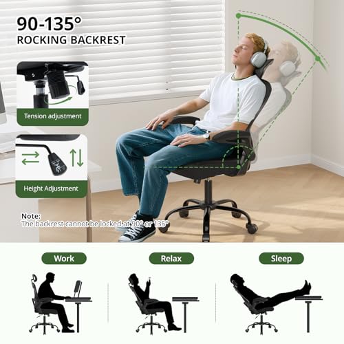 Office Chair Ergonomic Desk Chair, 330LBS Capacity, High Back Computer Chair with Lumbar Support, Flip-up Armrests Swivel Task Chairs for Long Hours Work Synorla