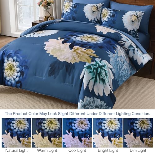 DJY Comforter Set Queen Size, 7 Piece Grey Blue Floral Comforter Set with Sheets Elegant Flower Print Bed in a Bag Soft Microfiber Complete Bedding Set for All Season DJY