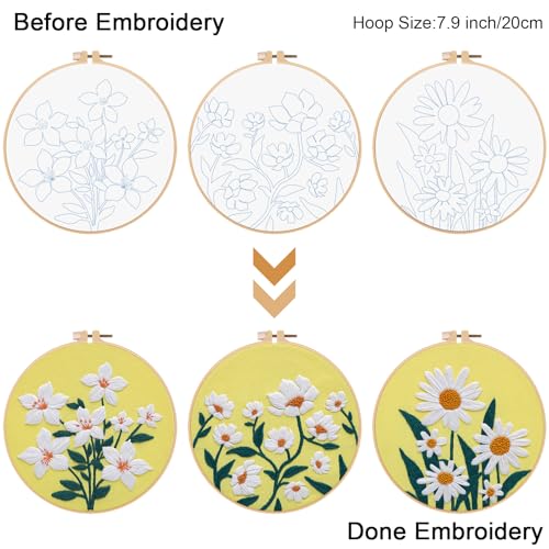 Louise Maelys 3 Sets Flowers Embroidery Kits for Beginners,Cross Stitch Kit for Adults,DIY Needlepoint for Starters Including Florals Pattern, Hoop,Instruction and Threads