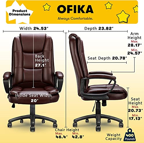 OFIKA Home Office Chair, 400LBS Big and Tall Chair Heavy Duty Design, Ergonomic High Back Cushion Lumbar Back Support, Computer Desk Chair, Adjustable Executive Leather Chair with Armrest OFIKA