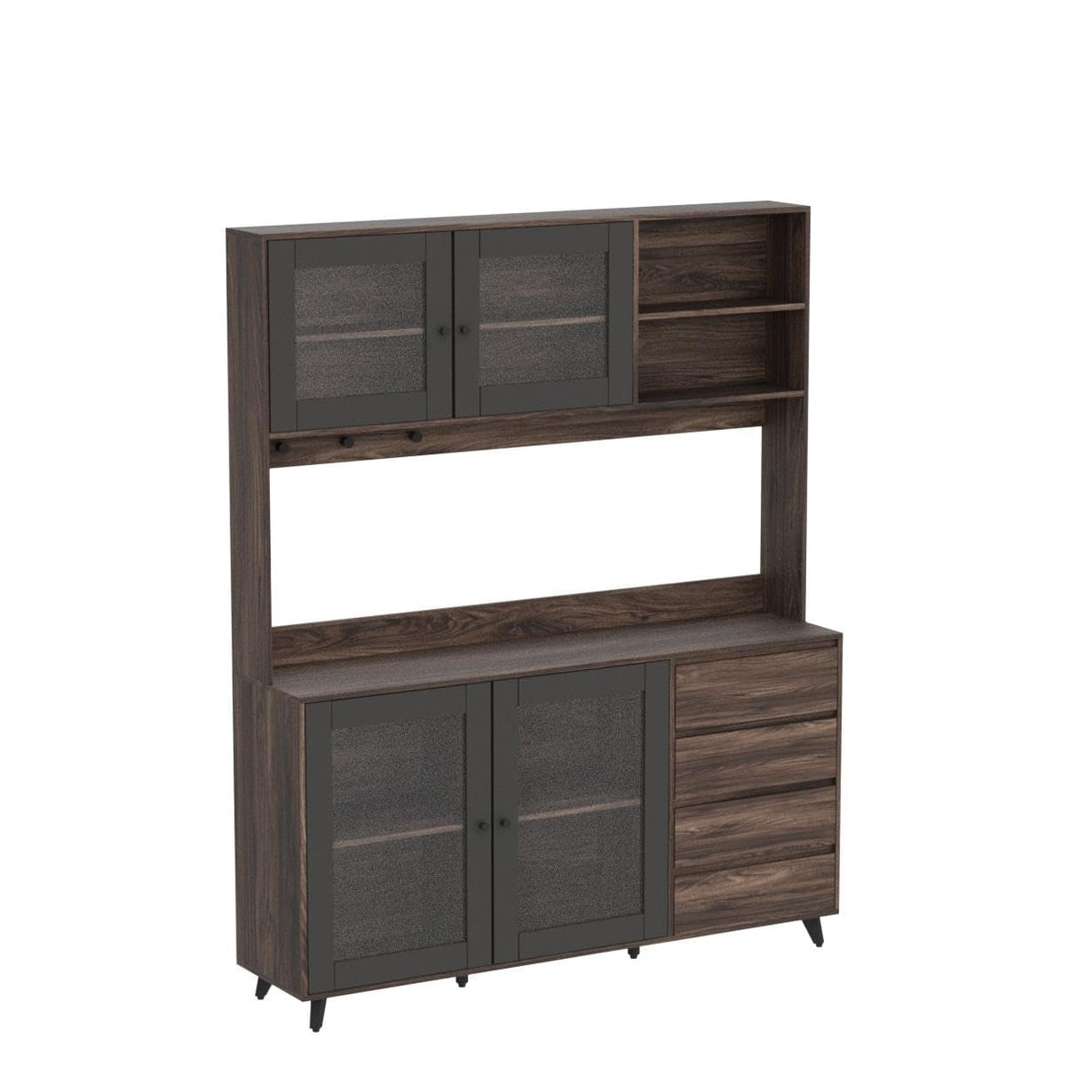 AGOTENI Large Kitchen Hutch Cabinet, Storage Cupboard Pantry with 4 Glass Doors, 4 Drawers & Microwave Shelf, for Kitchen Open Storage, Rustic Brown (63" W x 15.7" D x 74.8" H) AGOTENI