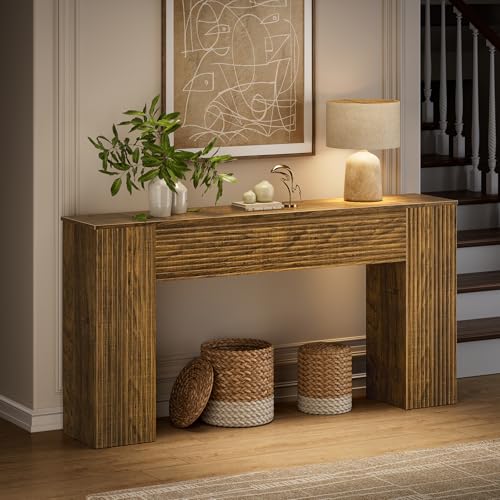 FABATO 61'' Fluted Long Console Table, Wooden Rectangular Sofa Table Behind The Couch, Narrow Entryway Table with 2 Hidden Storage Cabinets for Entrance, Hallway, Living Room, Foyer, Brown FABATO