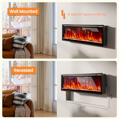 60” Smart Electric Fireplace with Voice Control, Realistic Flame, Crackling Sound, Wall Mounted or Recessed Fireplace Insert, App/Remote Control, Logs & Crystals Included for Living Room, Bedroom Rresyet