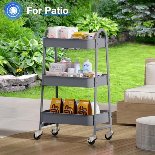 OLIXIS Metal 3 Tiers Utility Rolling Cart, Mobile Storage Shelf with Lockable Caster Wheels, Organization for Livingroom, Bathroom & Narrow Places, Gray