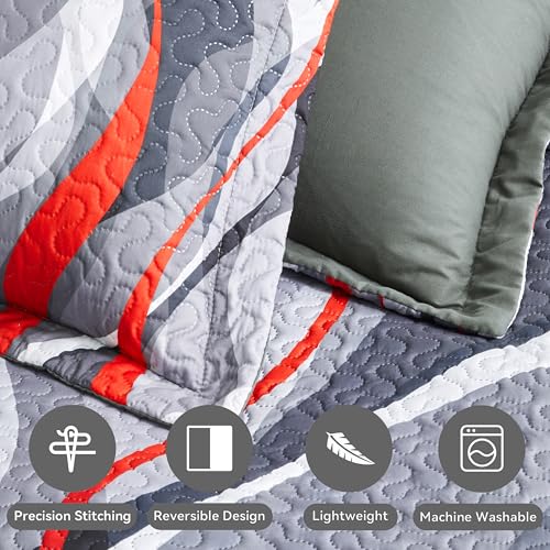 weesire Classic Line Pattern Bedding Quilt Queen Size Modern Grey Red and Black Stripe Quilt with 2 Shams, Gray and Red Comforter Sets Lightweight Breathable Bedspreads Coverlet, 90''x96'' weesire