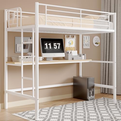 VECELO Loft Bed Twin Size with Desk, Metal Bedframe with Removable Ladder and Safety Guardrail, No Box Spring Needed, Space Saving, Noise Free, Nature&White VECELO