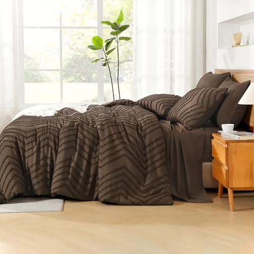 Litanika Queen Size Comforter Set with Sheets Brown - 7 Pieces Bed in a Bag Queen Chevron Tufted Complete Bedding Sets with Comforter, Sheets, Pillowcases & Shams