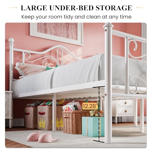 SHA CERLIN Queen Size Bed Frame with Headboard,Metal Bed Frame with Butterfly Pattern Design Headboard & Footboard,No Box Spring Needed,Easy Assembly,White SHA CERLIN
