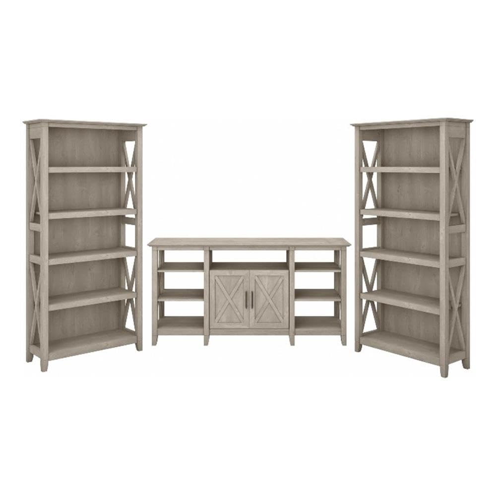 Bush Furniture Key West Tall TV Stand with Set of 2 Bookcases in Washed Gray, Farmhouse Entertainment Center for 65 Inch Television Bush Furniture