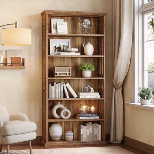 LITTLE TREE 6-Tier Bookcase, 75-Inch Farmhouse Bookshelves and Bookcases, Floor Standing 6 Shelf Wooden Display Storage Shelves Tall Bookcase for Home Office, Living Room, Bed Room, Brown LITTLE TREE