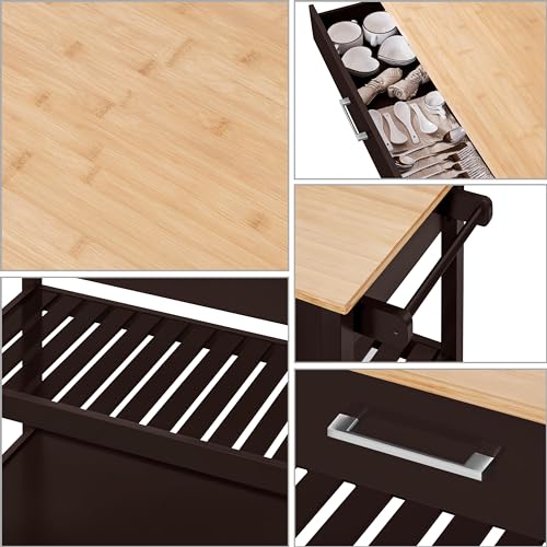 Yaheetech Kitchen Island on Wheels with Bamboo Tabletop, 3-Tier Rolling Kitchen Cart Microwave Oven Cart Serving Trolley with Drawer and Wine Storage Shelf, 20" D x 40" W, Espresso Yaheetech