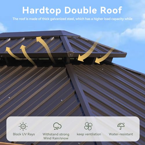 Aoxun 10' x 12' Hardtop Gazebo, Wooden Finish Coated Aluminum Frame Canopy, Galvanized Steel Double Top, Outdoor Permanent Metal Pavilion with Curtains and Netting, for Backyard, Patio and Deck Aoxun