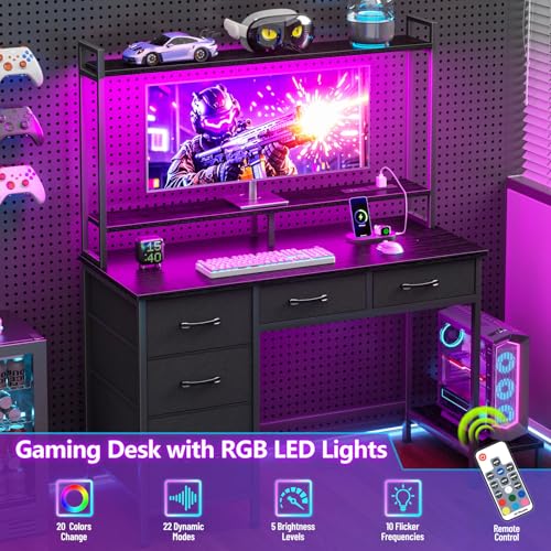 Korfile Computer Gaming Desk with Hutch, Home Office Desk with Power Outlets, LED Light, 5 Storage Drawers, 2 Tiers Shelves for Display, 39 Inch Modern Study Writing Table for Bedroom, Black Korfile