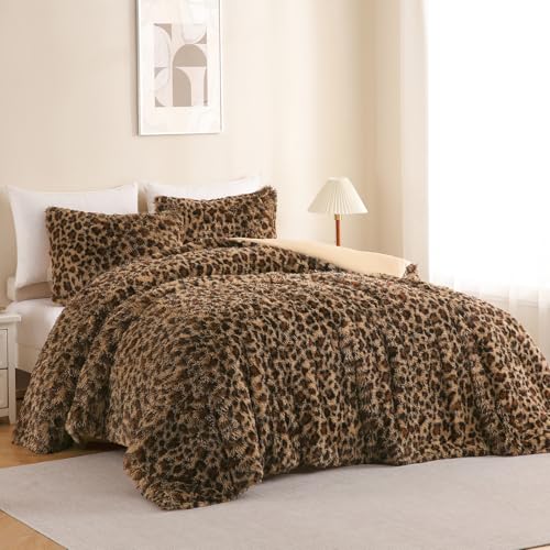 Melo10PM Cheetah Print Fluffy Faux Fur Comforter Set Full Size, 3 Pieces Brown Leopard Plush Shaggy Fuzzy Bedding Set, Ultra Soft Luxury Furry Boho Animal Print Winter Warm Comforter for Women Gilrs Melo10PM