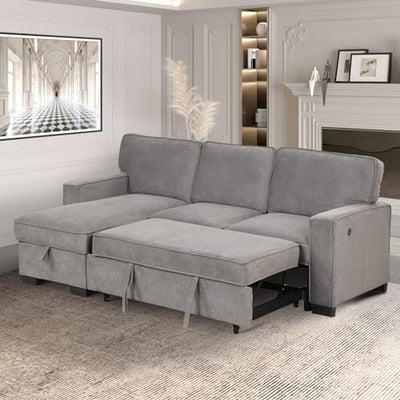 EBELLO Convertible Sleeper Sofa 3 in 1, Chenille Modern L-Shaped Couches for Living Room, Pull Out Sectional Futon Sofa Bed with Storage Space, USB Ports and Cup Holders for Bedroom, Grey