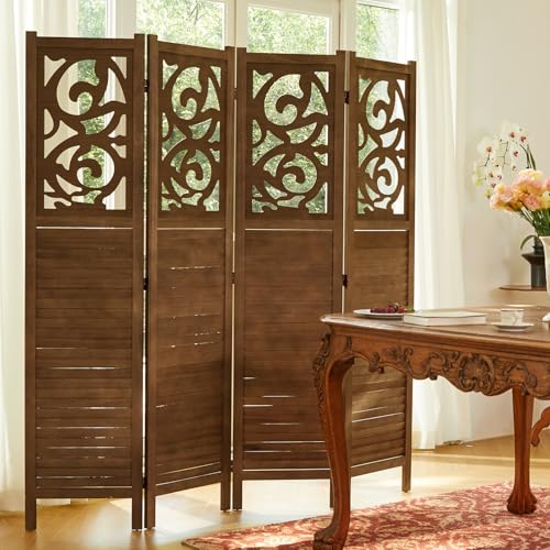 Svimi Folding Room Divider, 5.6Ft 4 Panels Wood Carved Privacy Screens, Free Assembled Freestanding Portable Reversible Functional Decorative Partition for Home Office Restaurant Bedroom (Brown) Svimi