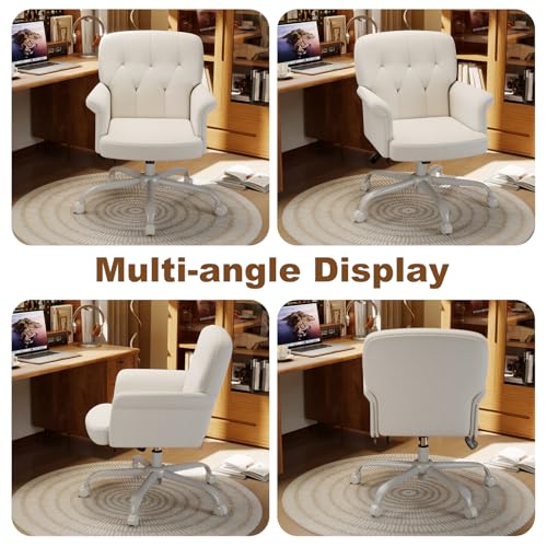 Keratee Comfy Home Office Desk Chair, Upholstered Fuzzy Vanity Chair with Wheels and Arms, Modern Adjustable Swivel Computer Seat for Living Room, Bedroom, Make Up, Home Office, White Keratee