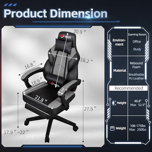 DL-win Gaming Chairs for Adults, Computer Chair with Footrest and High Back, Big and Tall Gamer Chair's with Massage Lumbar Support, 360° Swivel Height Adjustable Gaming Chair, Grey DL-win