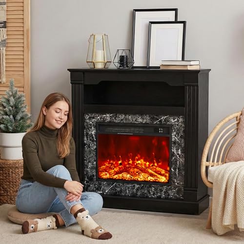 40" H Electric Fireplace with Mantel, 23" 4800 BTU Freestanding Electric Fireplace for Small to Medium Rooms, Heating to 60-99°F, LED Flame, Overheat Protection, Remote Control, Black Wood Grain ViridKnot