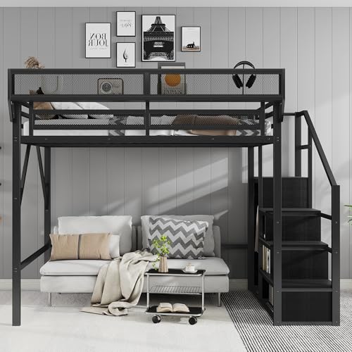 KEIKI Queen Size Metal Loft Bed Frame with Convertible Staircase, Built-in Storage Shelves and Wardrobe, Loft Bed with Solid Slats, Guardrail, No Box Spring Required, Easy Assembly, for Bedroom, Black KEIKI