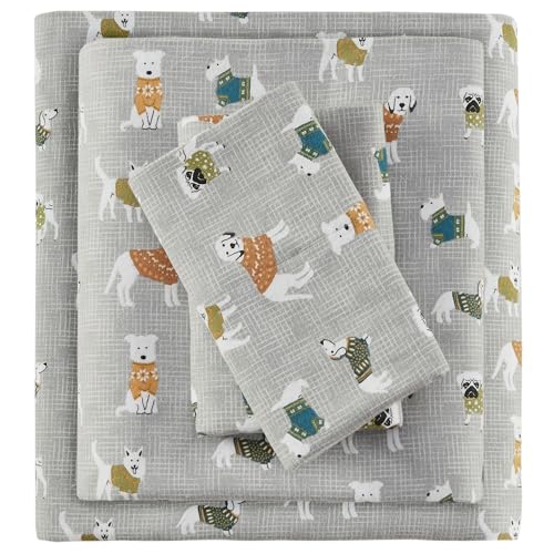 True North by Sleep Philosophy Cozy Flannel Warm 100% Cotton Sheet - Novelty Print Animals Stars Cute Ultra Soft Cold Weather Bedding Set, Full, Grey Dogs 4 Piece Sleep Philosophy