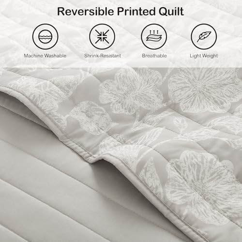 HORIMOTE HOME Floral Quilt Set King Size 3 Pieces, Taupe Flower Fine Printed Reversible Botanical Bedspreads Bedding Sets, Soft and Lightweight Bed Coverlet for All Season HORIMOTE HOME