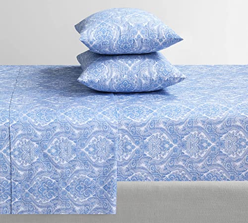 Feather & Stitch Softest 100% Cotton Sheets, 300 Thread Count Percale Weave Bedding, 16" Deep Pocket, Cooling Sheets, Breathable Bed Set, Hotel Premium Quality (King Blue Paisley)